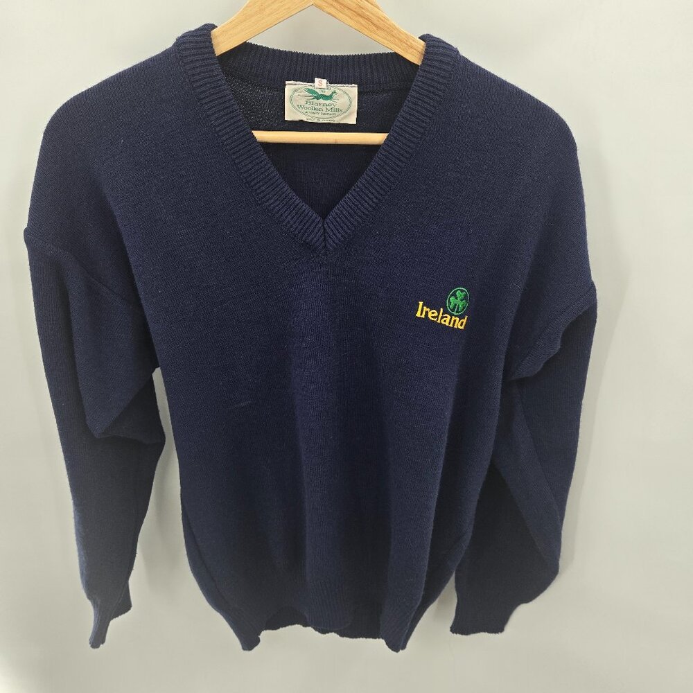 Vintage Blarney Woolen Mills Navy Ireland V-Neck Pullover Acrylic Sweater Small